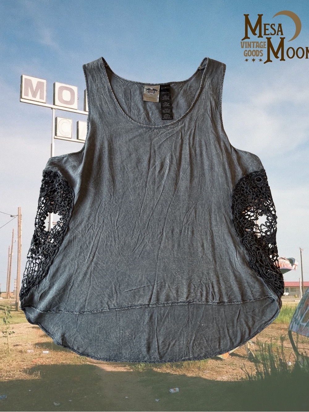 Harley Davidson Washed Black Crochet-Accent Tank Top